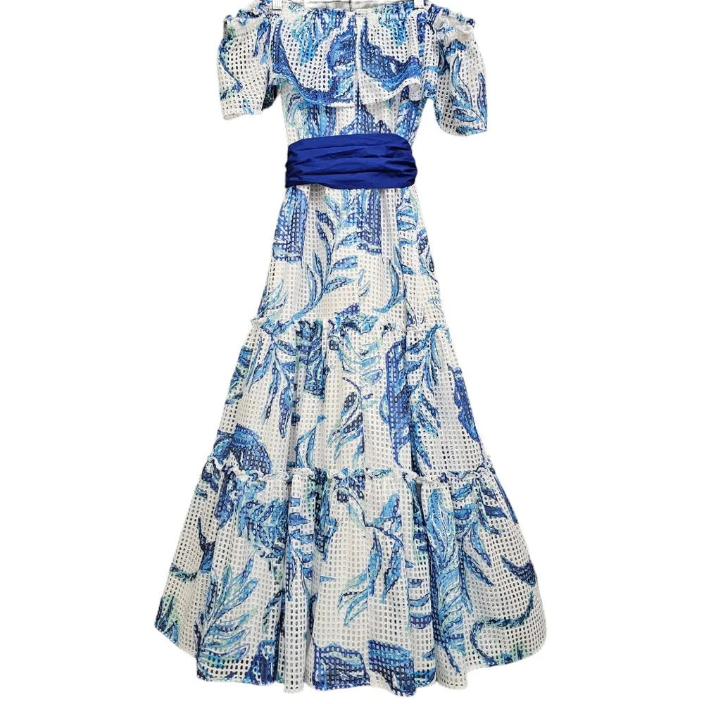 Nwt Lilly Pulitzer Sona White/Blue Floral Off Shoulder Tiered Mesh Midi Dress - Picture 14 of 17
